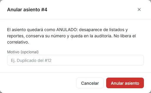 Confirmación de anulación con el campo de motivo