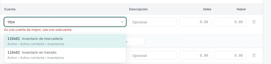 Celda de cuenta en rojo con el error de cuenta de mayor