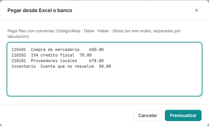 Ventana Pegar desde Excel o banco con el bloque pegado, antes de previsualizar