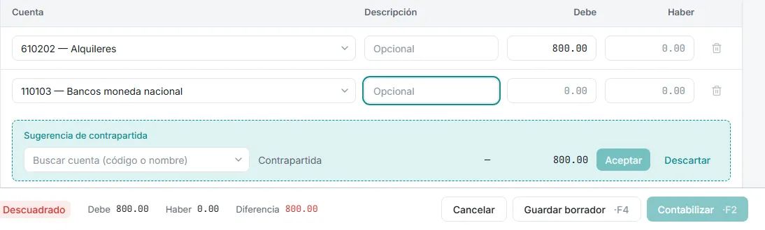 Un monto con borde punteado (sugerido) junto a otro ya tecleado