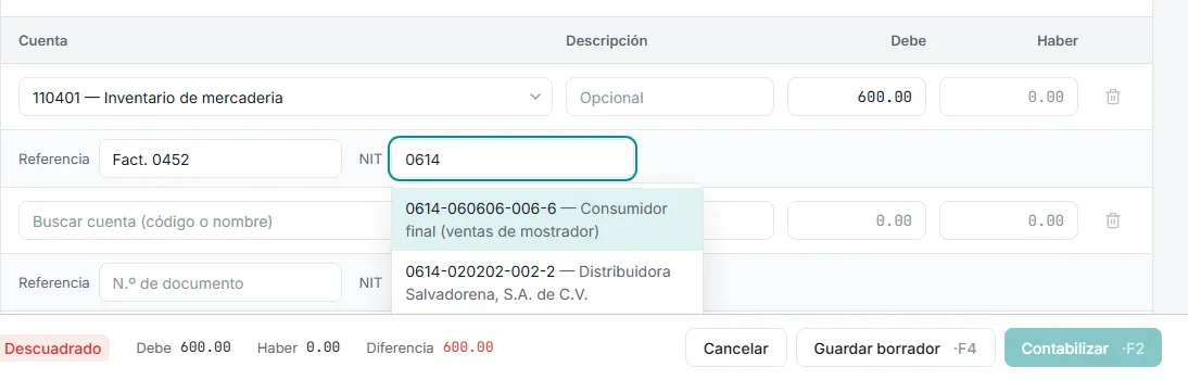 Fila secundaria con la referencia digitada y el buscador de NIT mostrando coincidencias del padrón