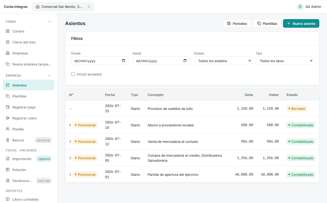 Lista de asientos con filtros y estados