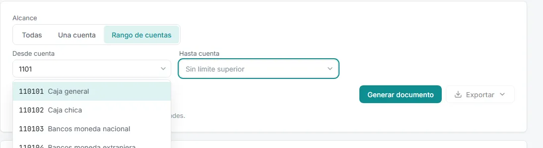 Control Alcance en modo Rango de cuentas, con Desde cuenta abierto y Hasta cuenta sin límite superior