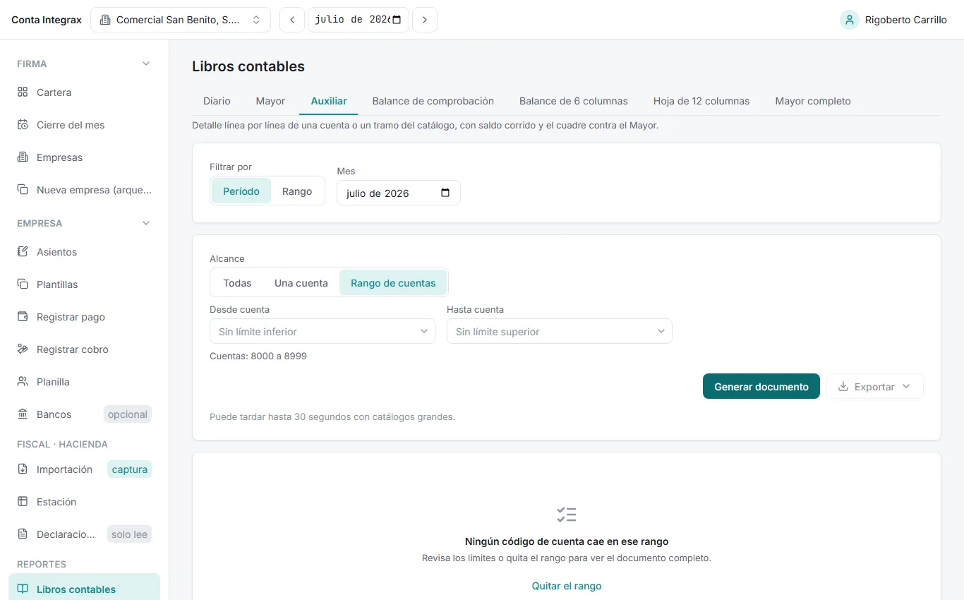Pestaña Auxiliar con alcance Rango de cuentas sobre un tramo vacío y el estado Ningún código de cuenta cae en ese rango con el enlace Quitar el rango