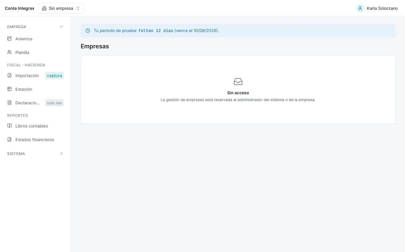 Banner del período de prueba con los días restantes y la fecha de vencimiento