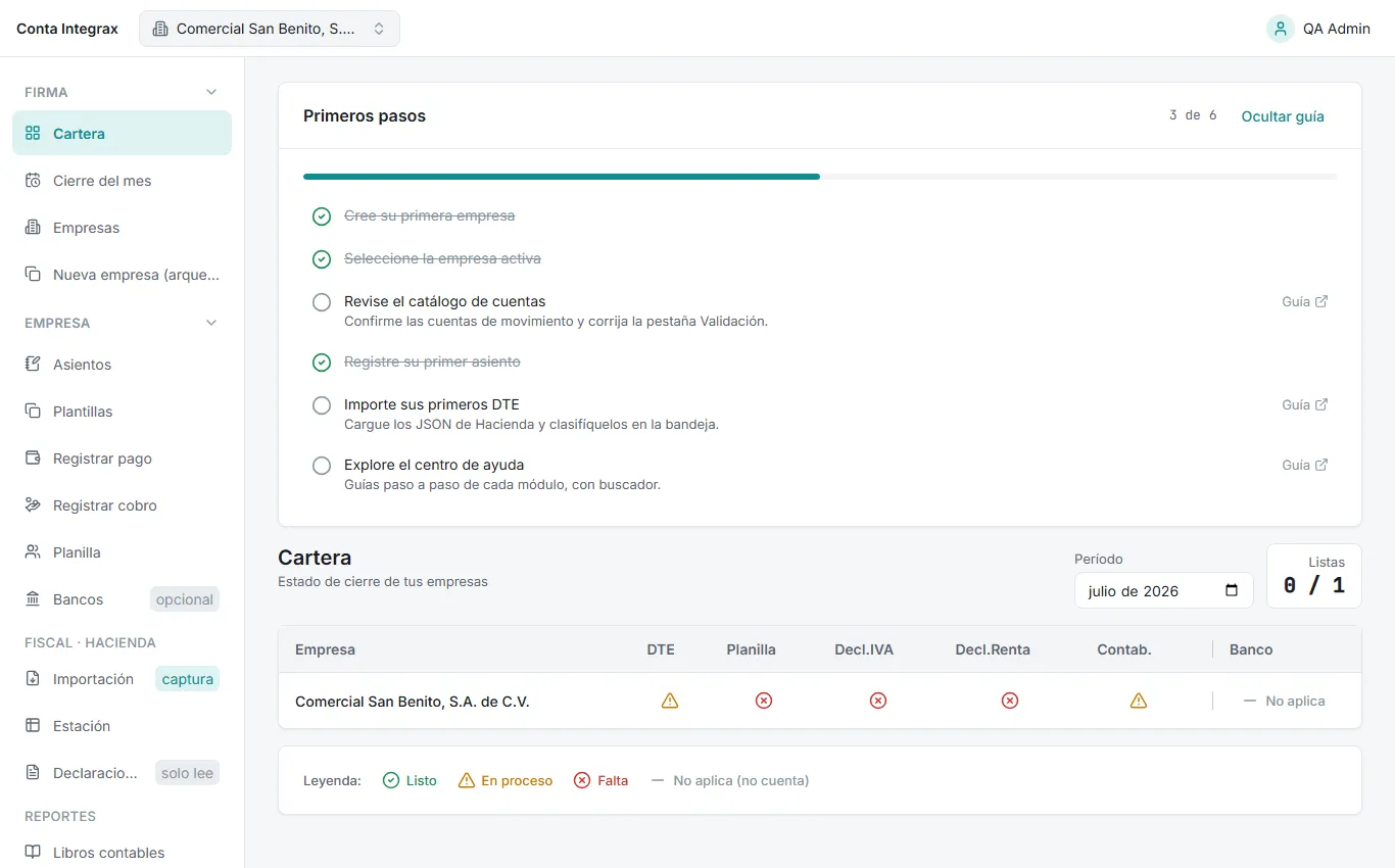 Dashboard de cartera con la matriz de empresas y obligaciones del mes