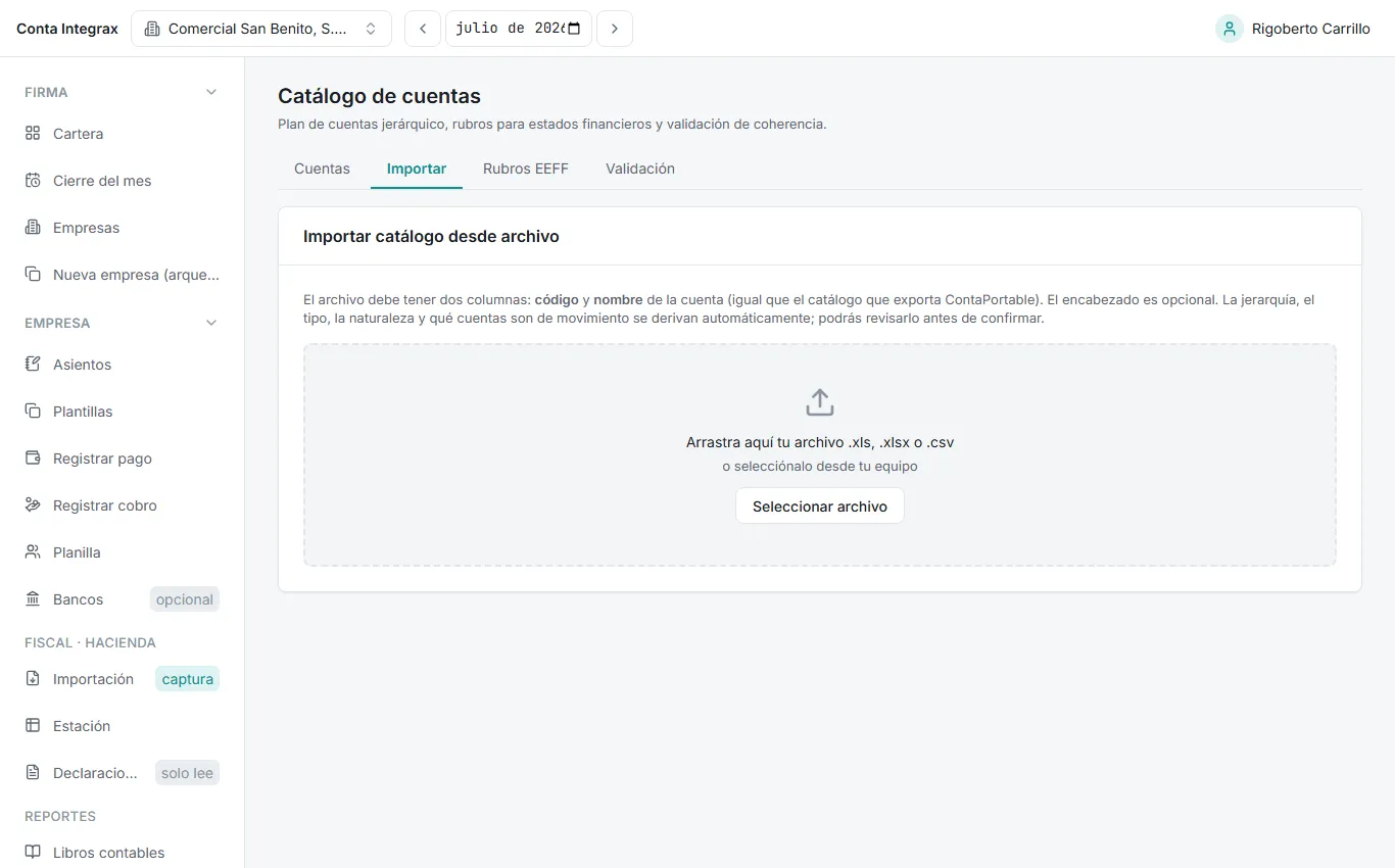 Vista previa de la importación del catálogo con el mapeo de raíces y los hallazgos