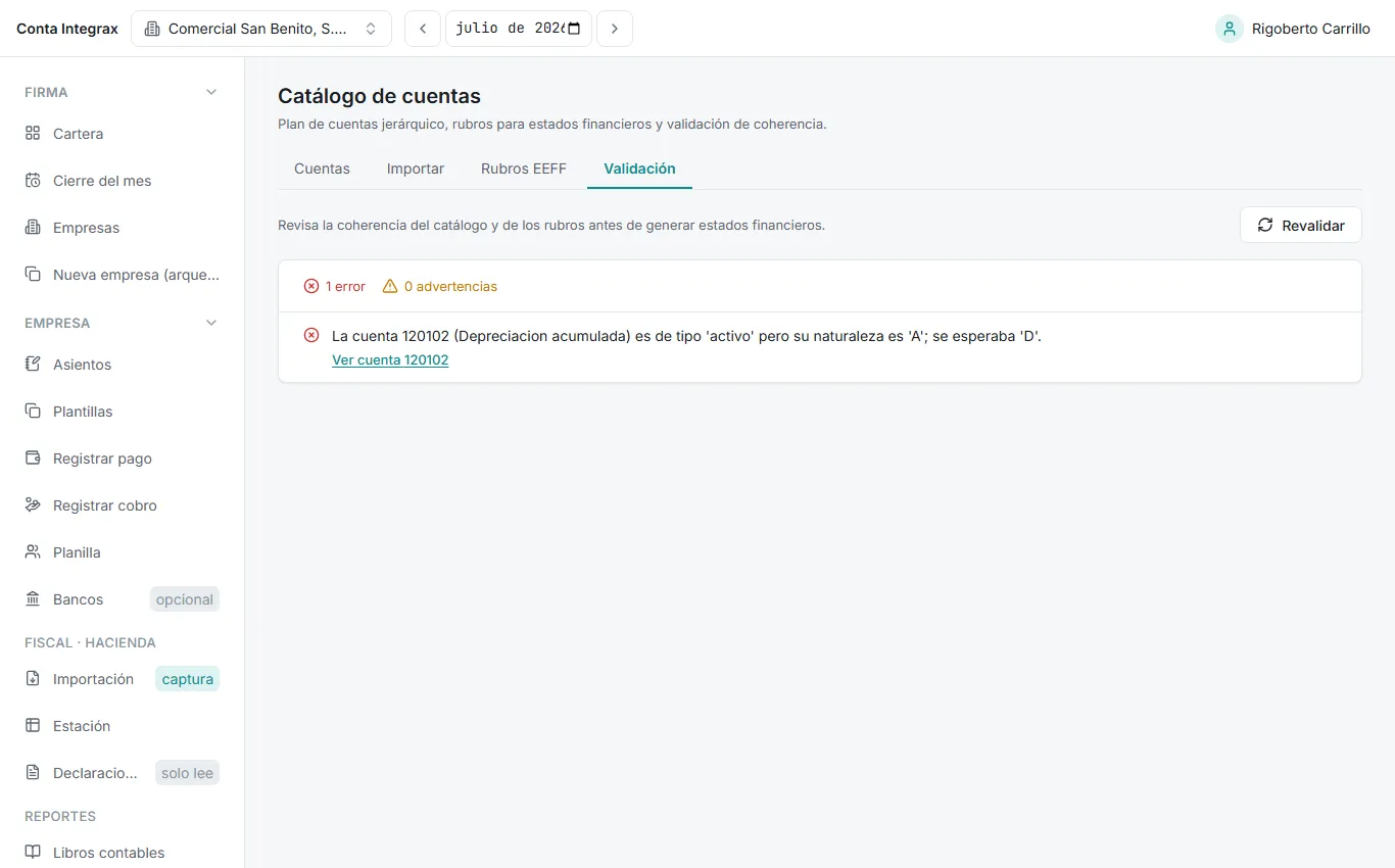 Pestaña Validación con un error y dos advertencias, cada una con su enlace Ver cuenta