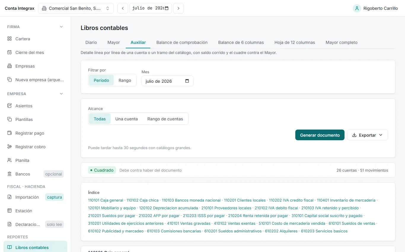 Documento del Auxiliar generado con alcance Todas: 26 cuentas y 51 movimientos, muy por debajo del tope de 5,000 filas