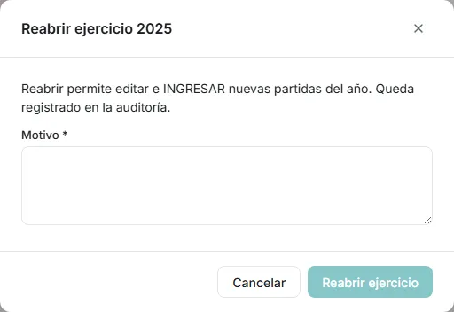 Modal de reapertura exigiendo el motivo