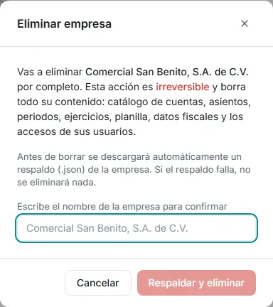 Ventana de eliminación de empresa con el texto de irreversibilidad y el campo de confirmación por nombre