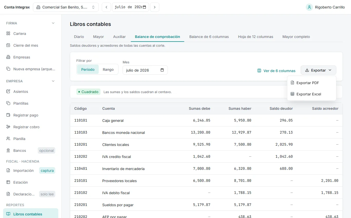 Menú de exportar abierto en el Balance de comprobación, con las opciones PDF y Excel