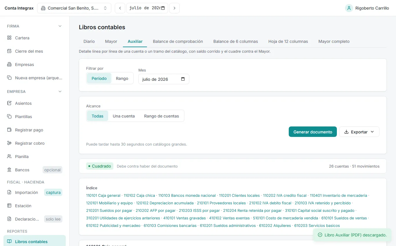 El PDF del Auxiliar se descarga sin tropezar con el tope: con el volumen de la demo el aviso no llega a mostrarse