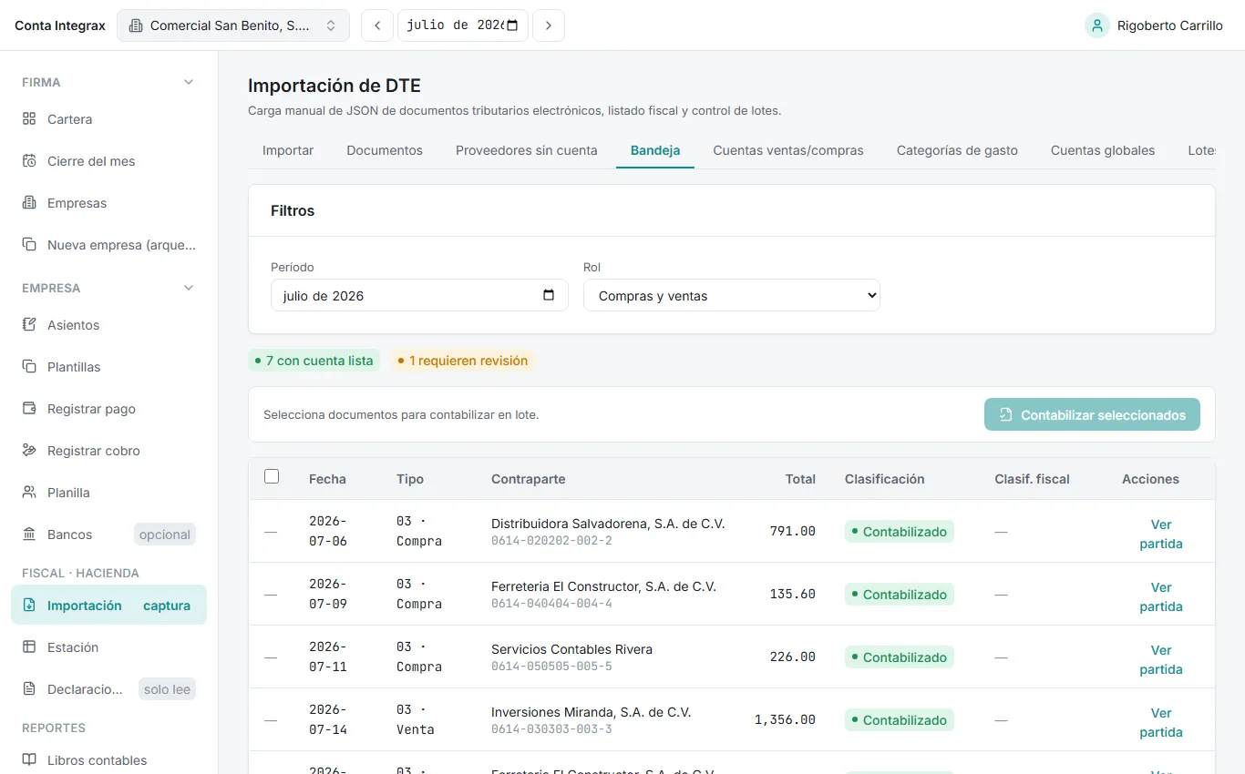 Bandeja de clasificación con el semáforo del período y los documentos ya contabilizados