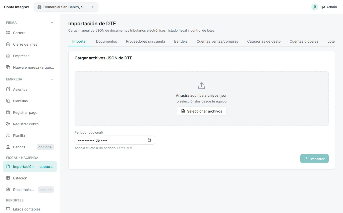 Pestaña Importar con la zona de carga de archivos JSON