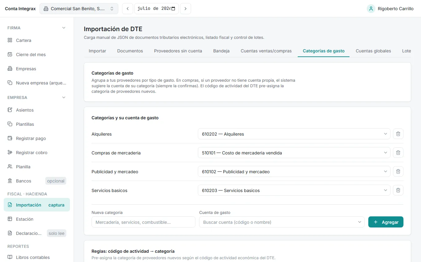 Categorías de gasto con su cuenta asignada