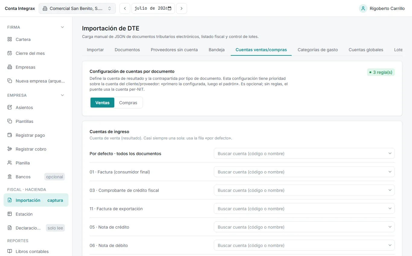 Configuración de cuentas por tipo de documento