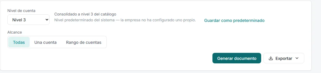Selector de nivel de cuenta con el texto de nivel consolidado y el botón Guardar como predeterminado