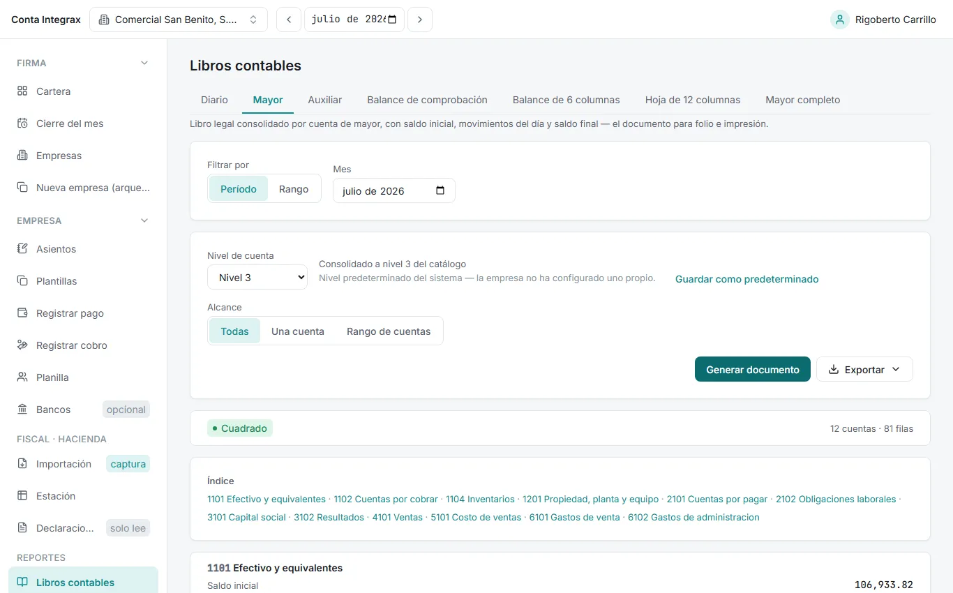 Libro Mayor con índice y secciones por cuenta de mayor