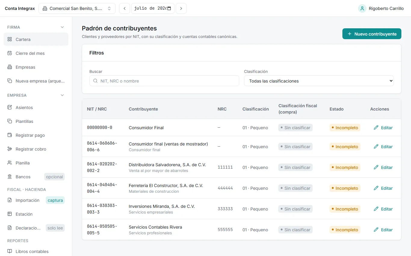 Padrón de contribuyentes con la lista por NIT, su clasificación fiscal de compra y la columna Estado