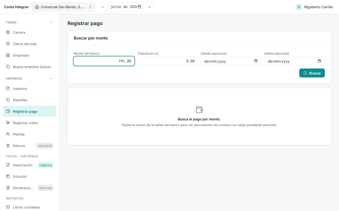 Pantalla Registrar pago con el monto del banco digitado, antes de buscar