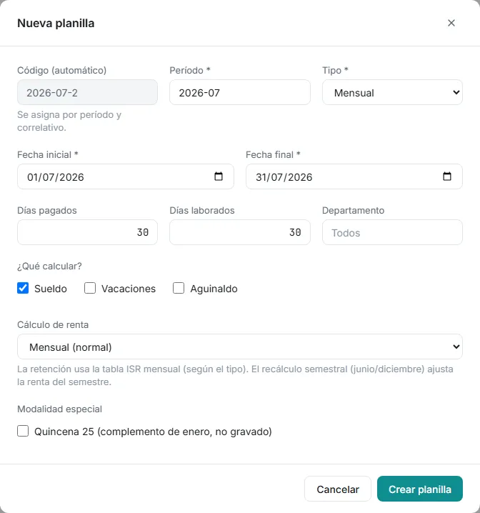 Modal Nueva planilla con el período y el tipo