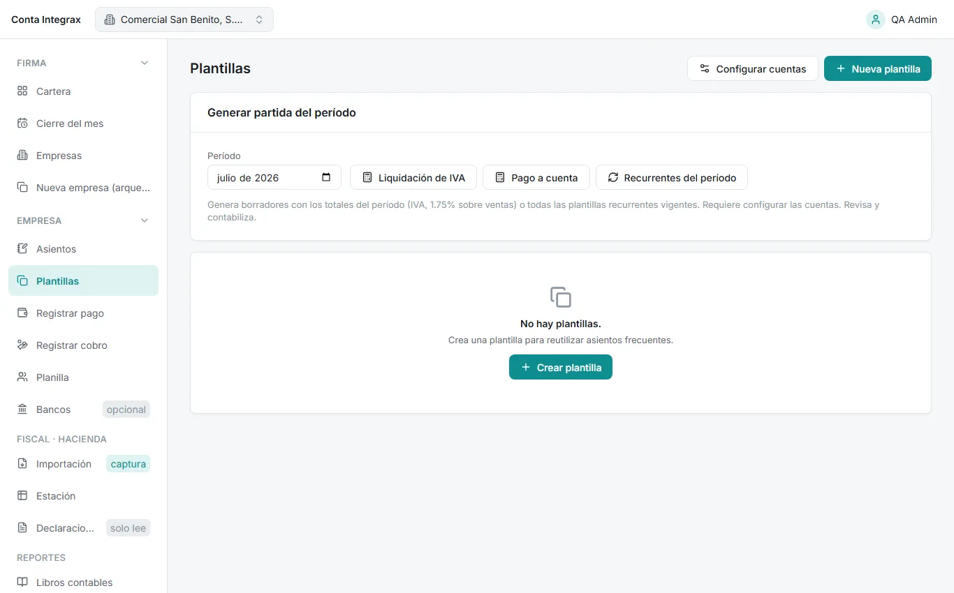 Lista de plantillas de asiento con sus acciones