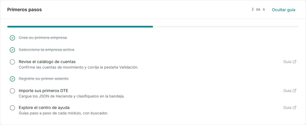 Tarjeta Primeros pasos con tres tareas completadas y tres pendientes