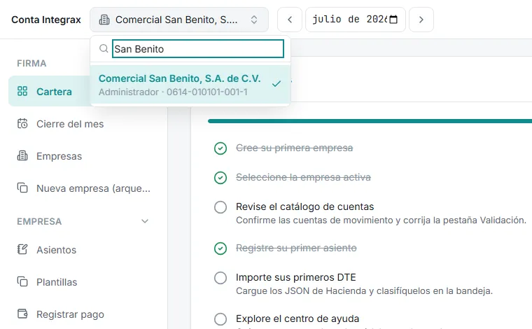 Desplegable del selector de empresa con el buscador filtrando por “San Benito” y la empresa encontrada, con su rol y NIT